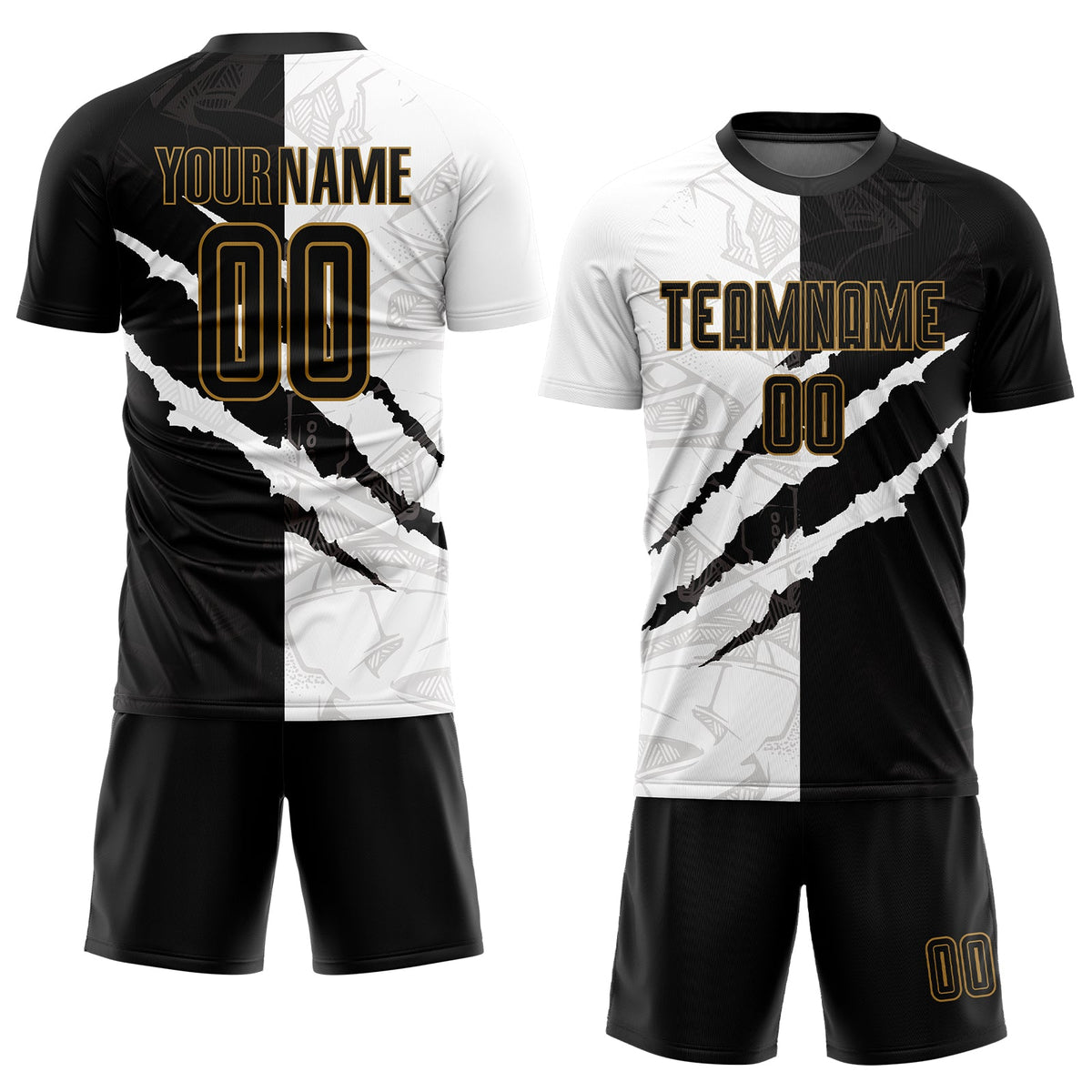Custom Graffiti Pattern Black-Old Gold Scratch Sublimation Soccer Uniform Jersey