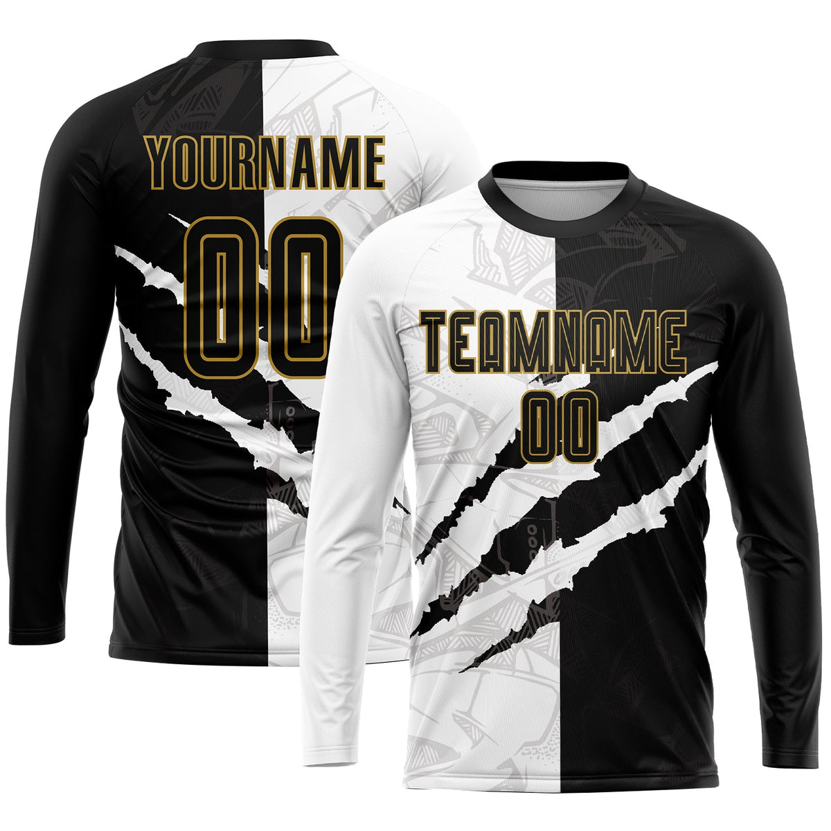 Custom Graffiti Pattern Black-Old Gold Scratch Sublimation Soccer Uniform Jersey