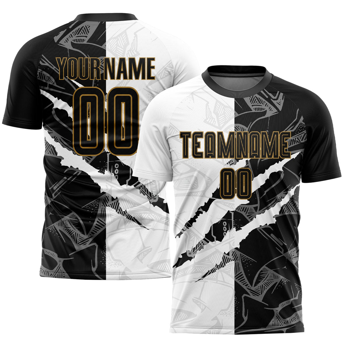 Custom Graffiti Pattern Black-Old Gold Scratch Sublimation Soccer Uniform Jersey