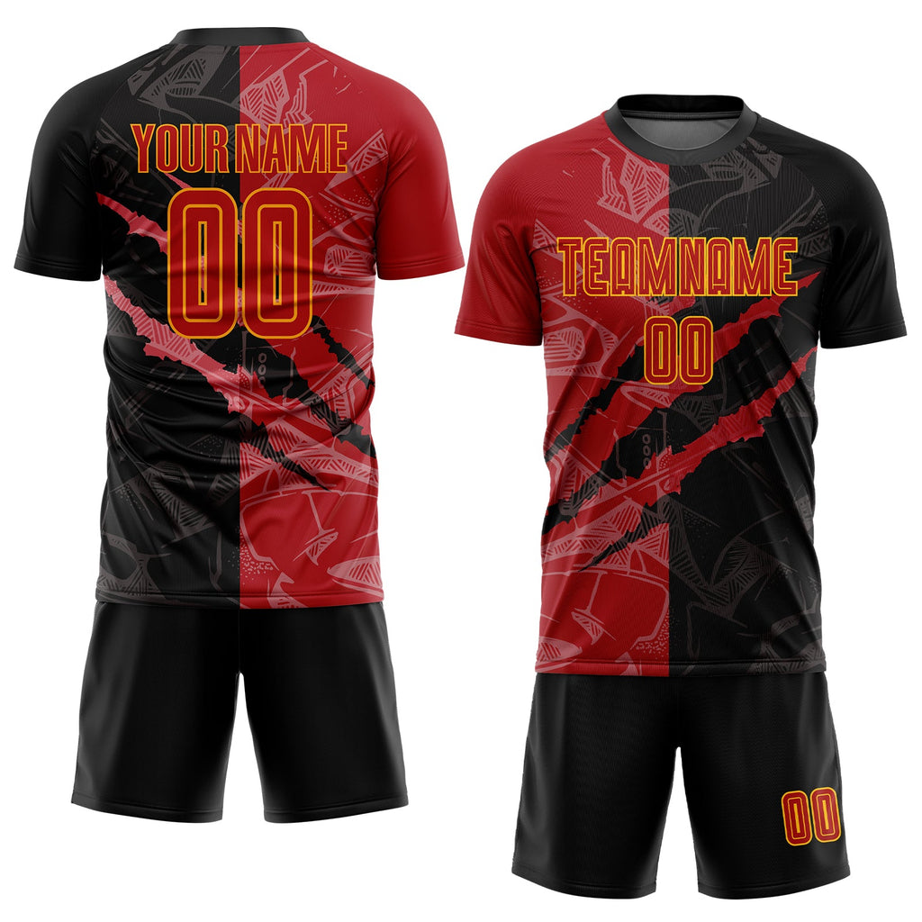 Custom Graffiti Pattern Red-Gold Scratch Sublimation Soccer Uniform Jersey