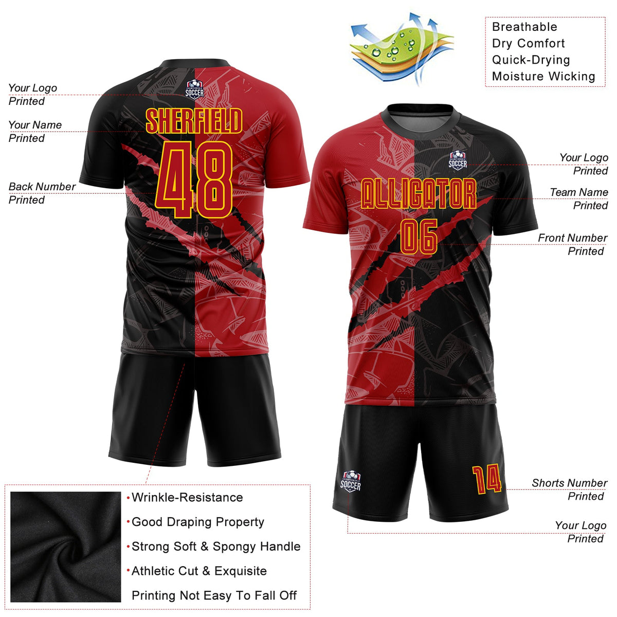 Custom Graffiti Pattern Red-Gold Scratch Sublimation Soccer Uniform Jersey