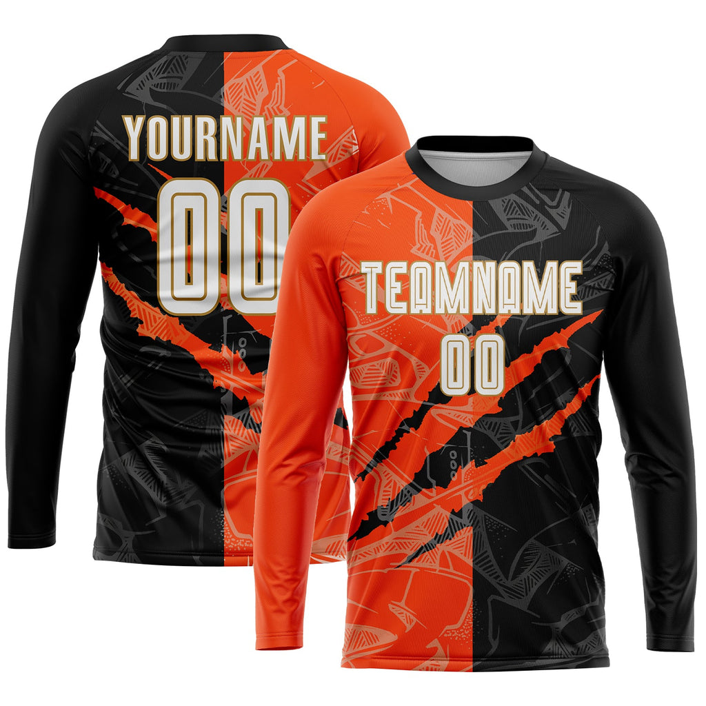 Custom Graffiti Pattern White Black Orange-Old Gold Scratch Sublimation Soccer Uniform Jersey