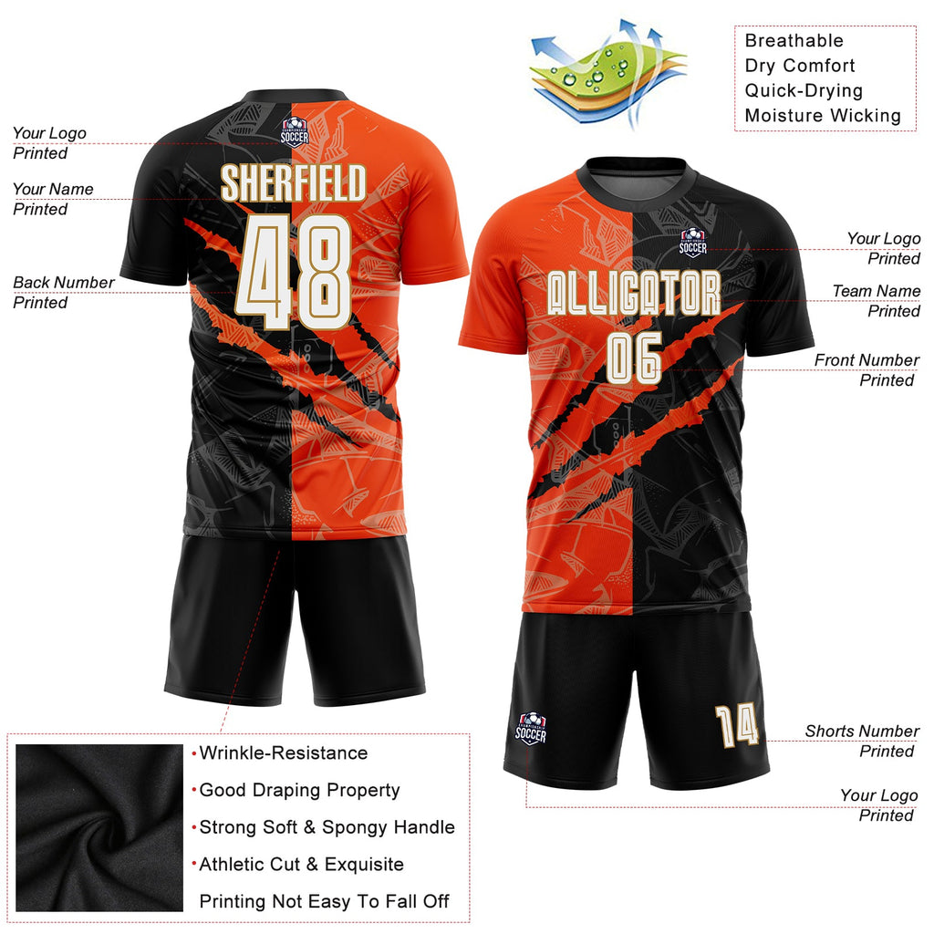 Custom Graffiti Pattern White Black Orange-Old Gold Scratch Sublimation Soccer Uniform Jersey