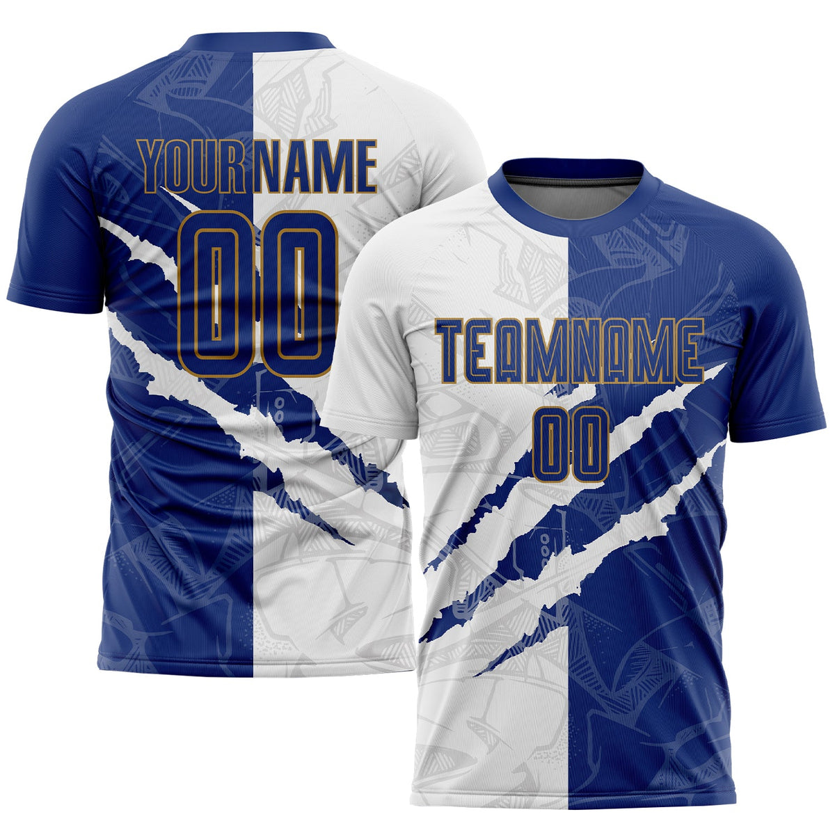 Custom Graffiti Pattern Royal White-Old Gold Scratch Sublimation Soccer Uniform Jersey