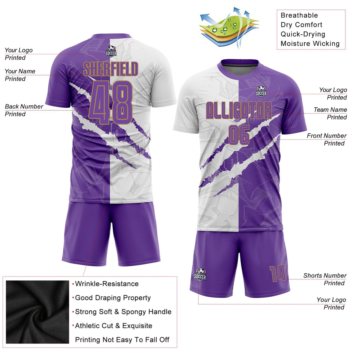 Custom Graffiti Pattern Purple White-Old Gold Scratch Sublimation Soccer Uniform Jersey