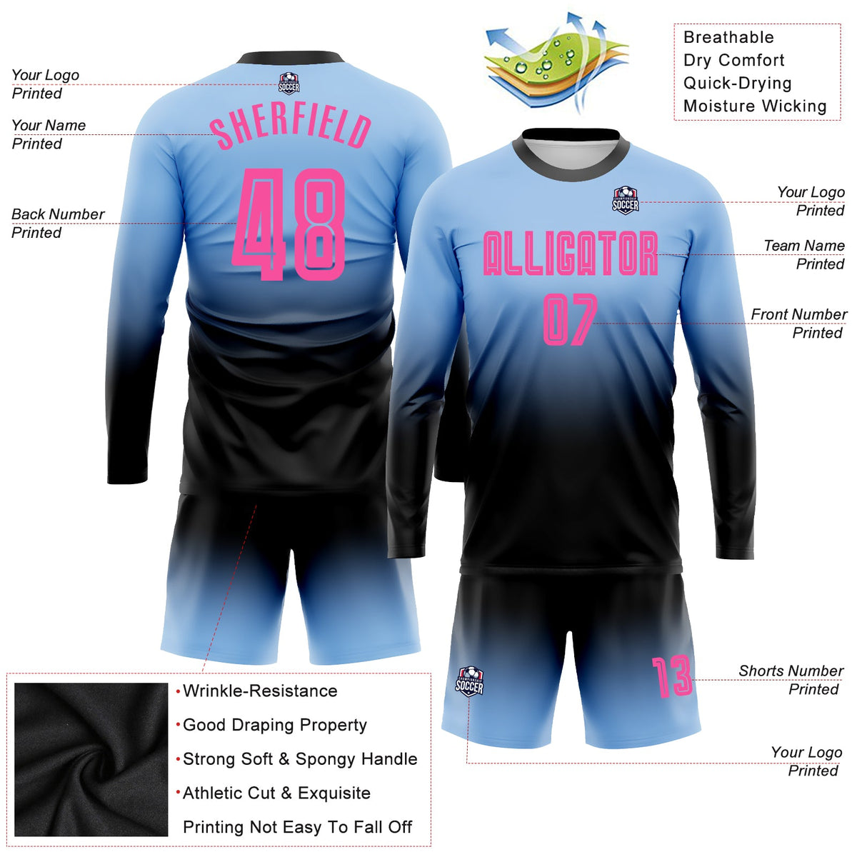 Custom Light Blue Pink-Black Sublimation Long Sleeve Fade Fashion Soccer Uniform Jersey