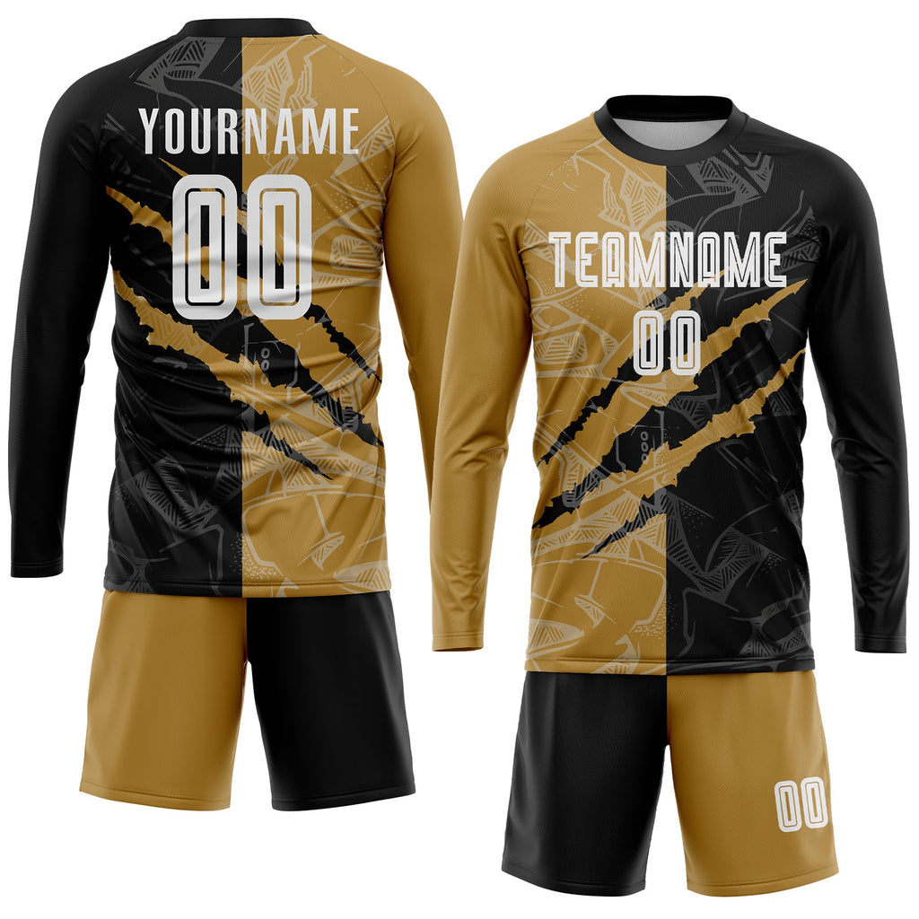 Custom Graffiti Pattern White Black-Old Gold Scratch Sublimation Soccer Uniform Jersey