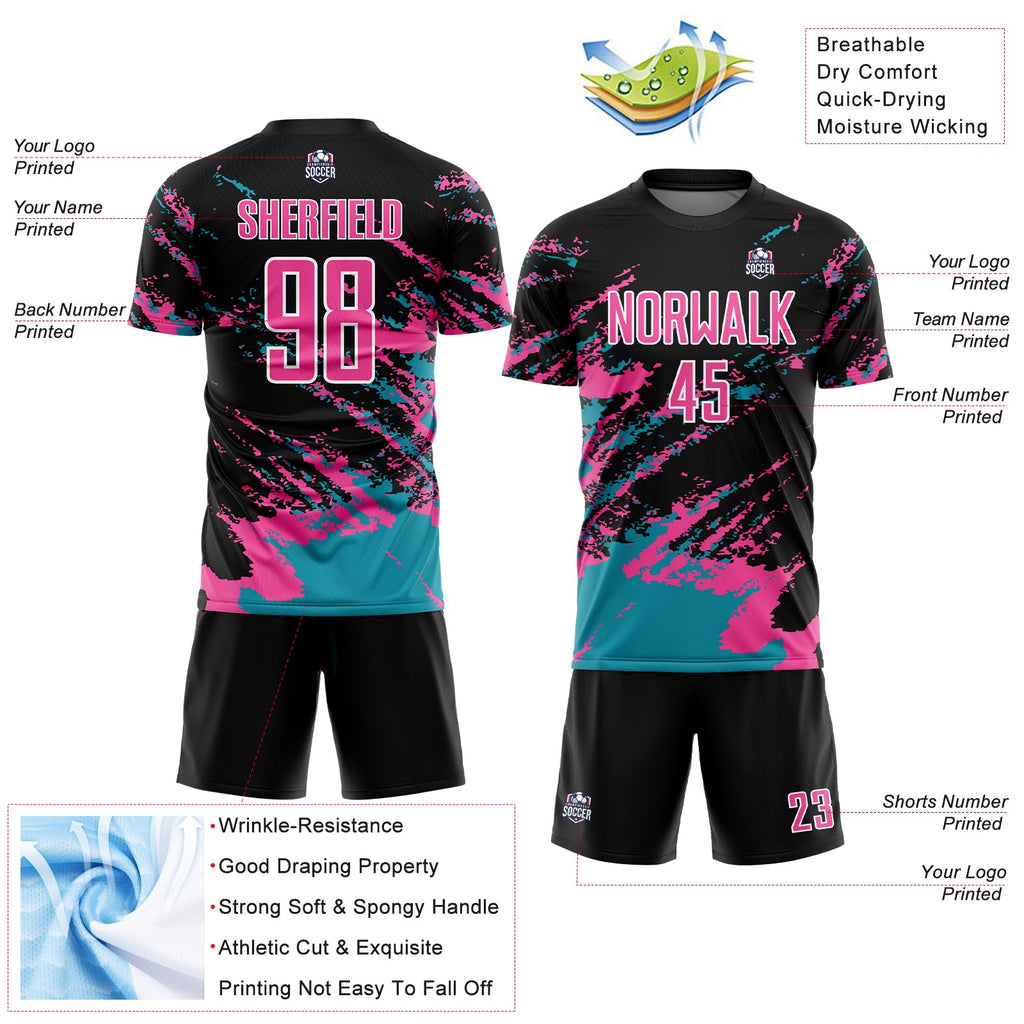 Custom Black Pink-Teal Abstract Fragment Art Splash Sublimation Soccer Uniform Jersey