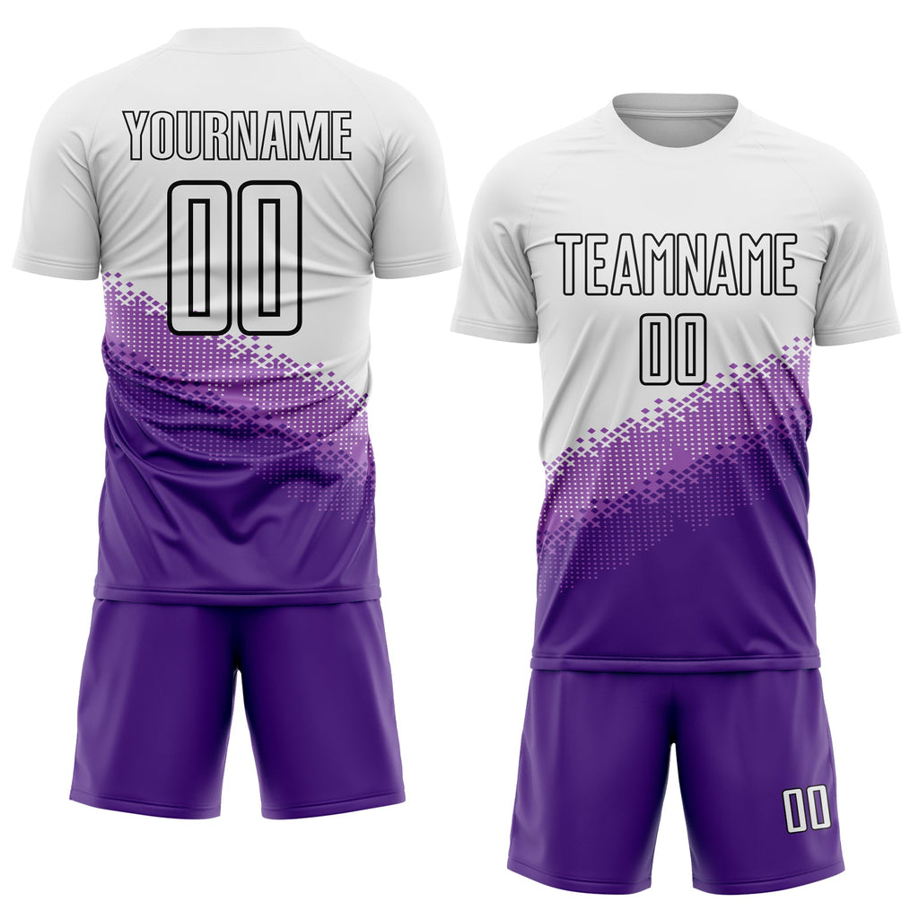 Custom White Medium Purple Purple-Black Gradient Geometric Shape Sublimation Soccer Uniform Jersey
