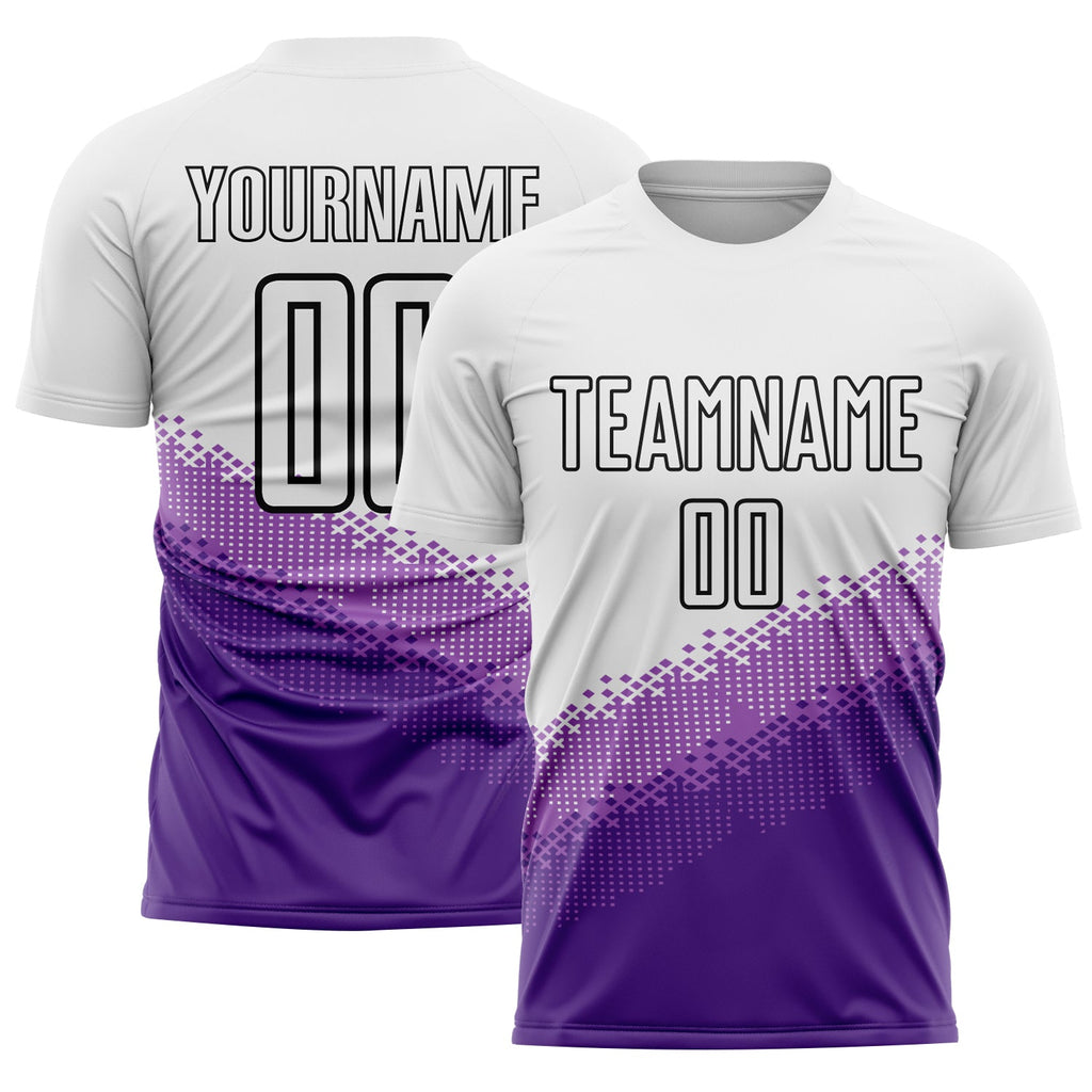 Custom White Medium Purple Purple-Black Gradient Geometric Shape Sublimation Soccer Uniform Jersey