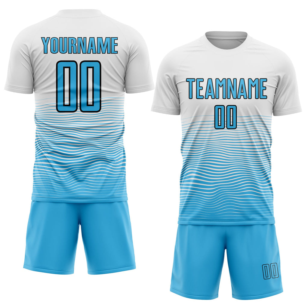 Custom White Sky Blue-Black Gradient Line Sublimation Soccer Uniform Jersey