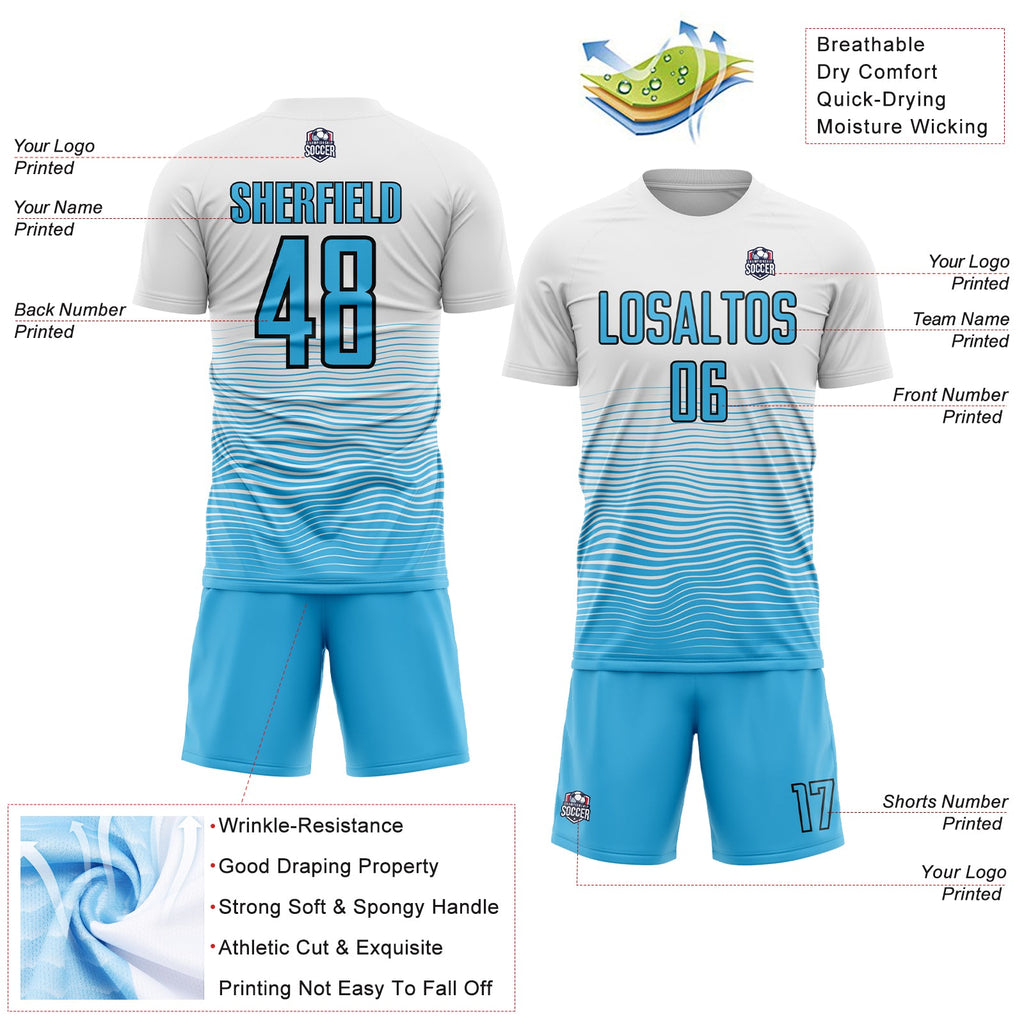 Custom White Sky Blue-Black Gradient Line Sublimation Soccer Uniform Jersey