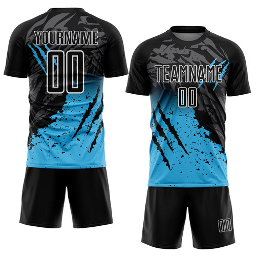 Custom Black Sky Blue-White Gradient Scratch Splash Sublimation Soccer Uniform Jersey