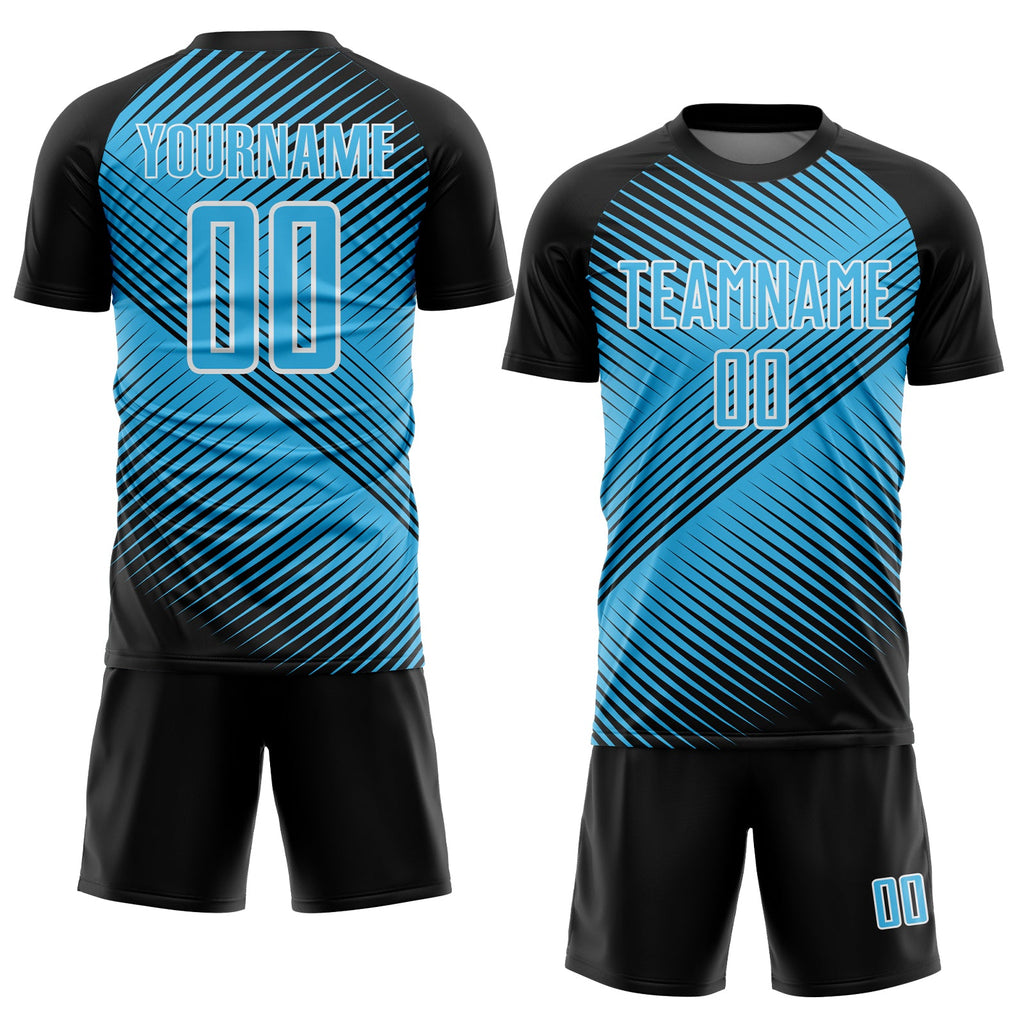 Custom Black Sky Blue-White Line Sublimation Soccer Uniform Jersey